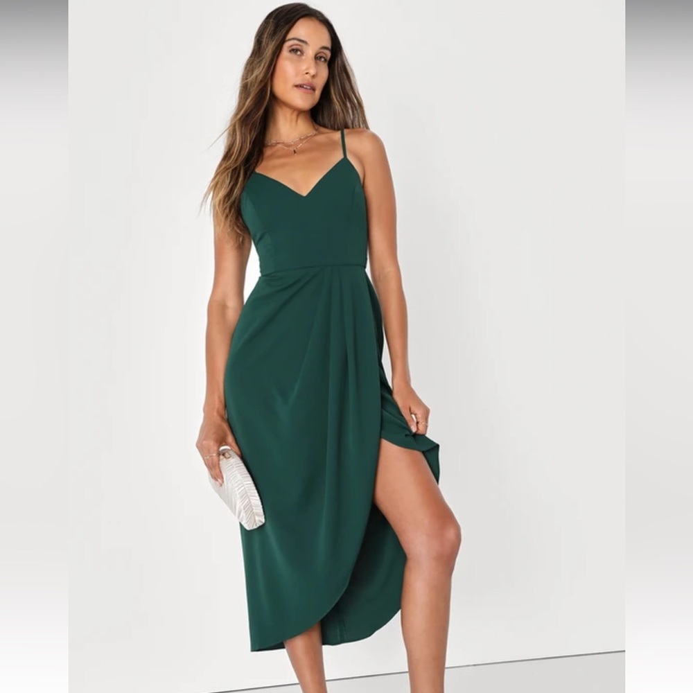 Lulus Reinette Dark Green Midi Dress NWT